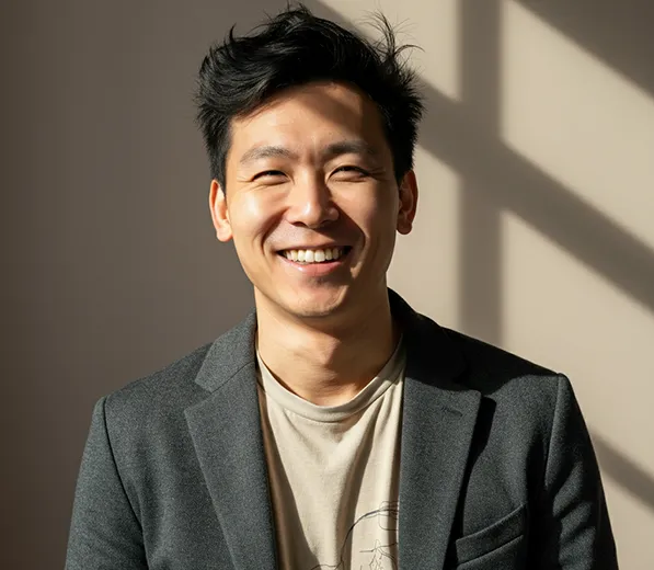 Smiling man with dark hair wearing a gray blazer and beige shirt, lit by soft window light.