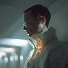Profile of a man wearing glasses and a translucent jacket with glowing orange lights at night.