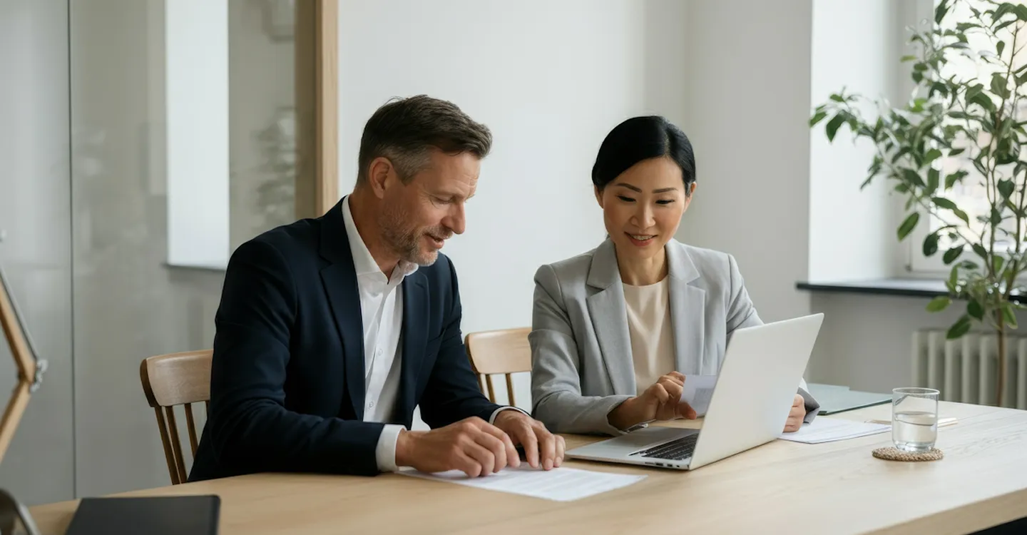 Man and woman in business attire reviewing documents together at a desk with a laptop.